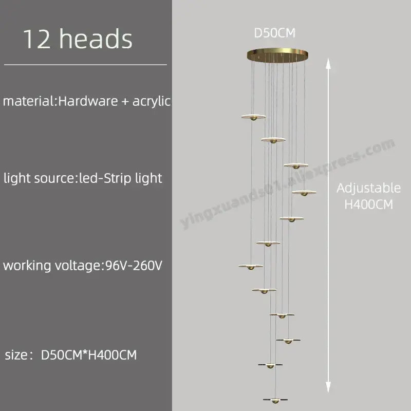 Modern minimalist gold led chandelier for revolving staircase loft