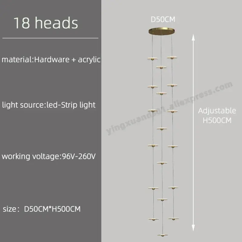 Modern minimalist gold led chandelier for revolving staircase loft