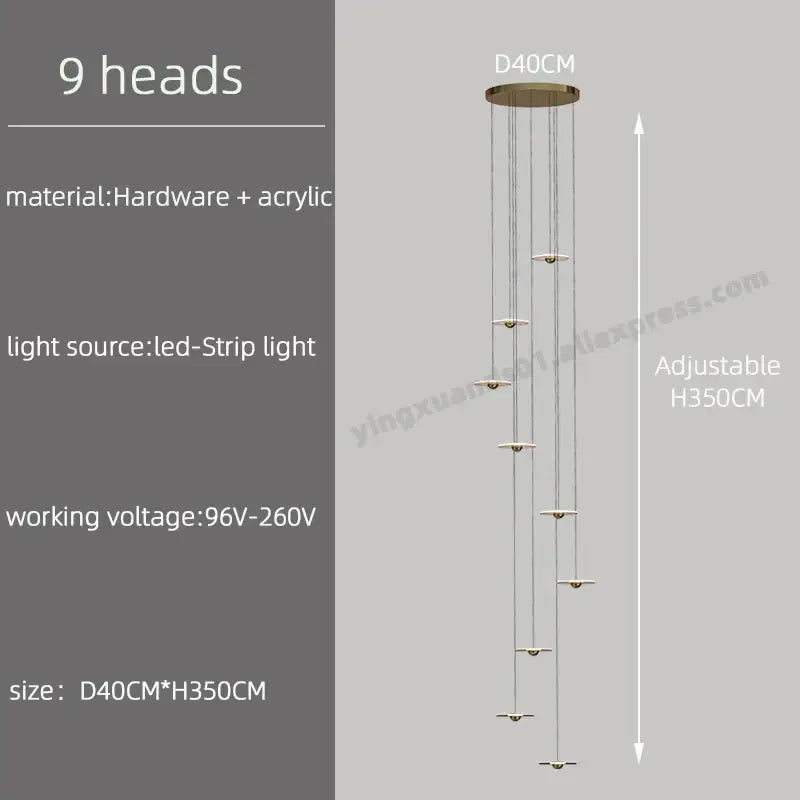Modern minimalist gold led chandelier for revolving staircase loft