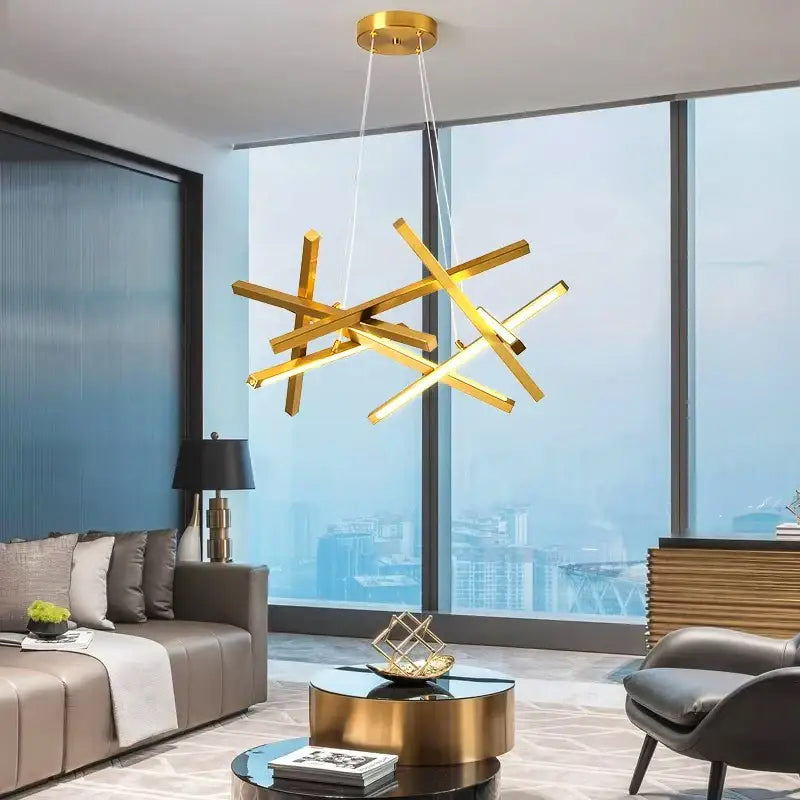 Modern gold intersecting rectangular decorbites led chandelier living room