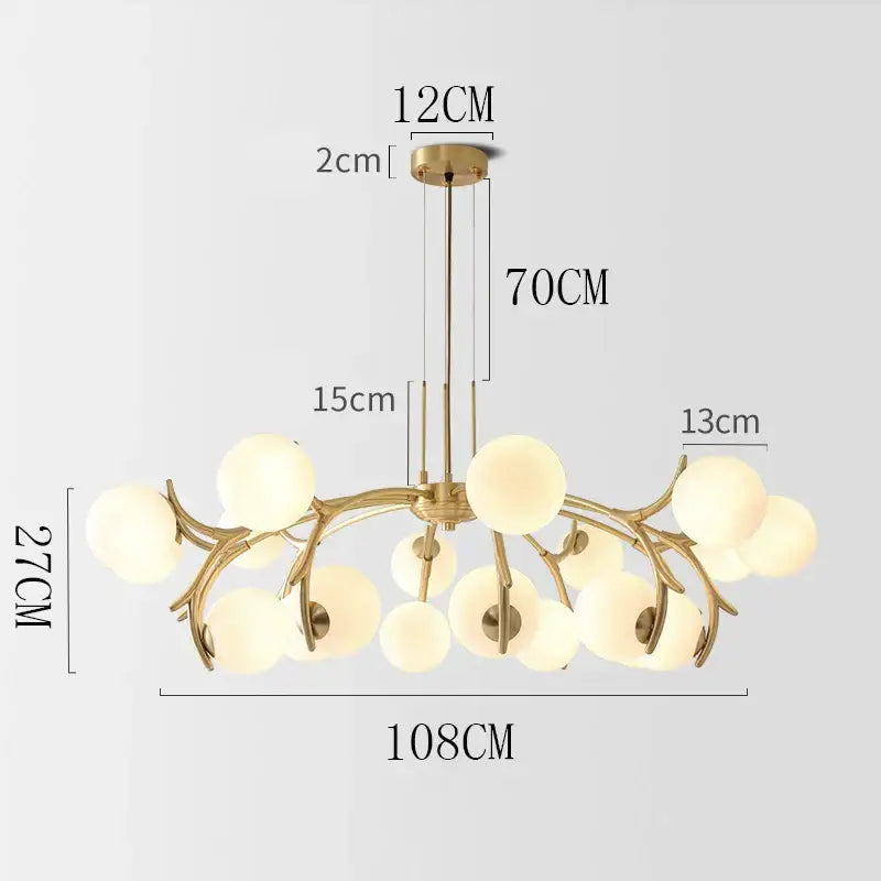 Organic gold led chandelier lighting with frosted globes for dining room