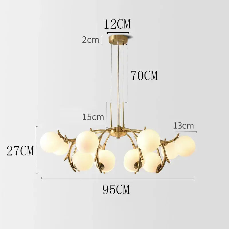 Organic gold led chandelier lighting with frosted globes for dining room