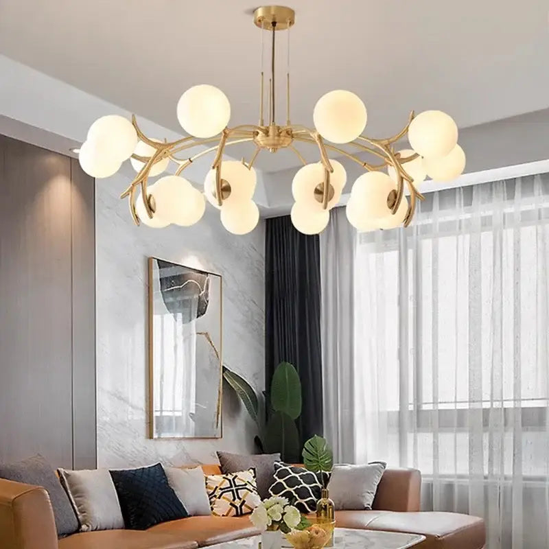 Organic gold led chandelier lighting with frosted globes for dining room