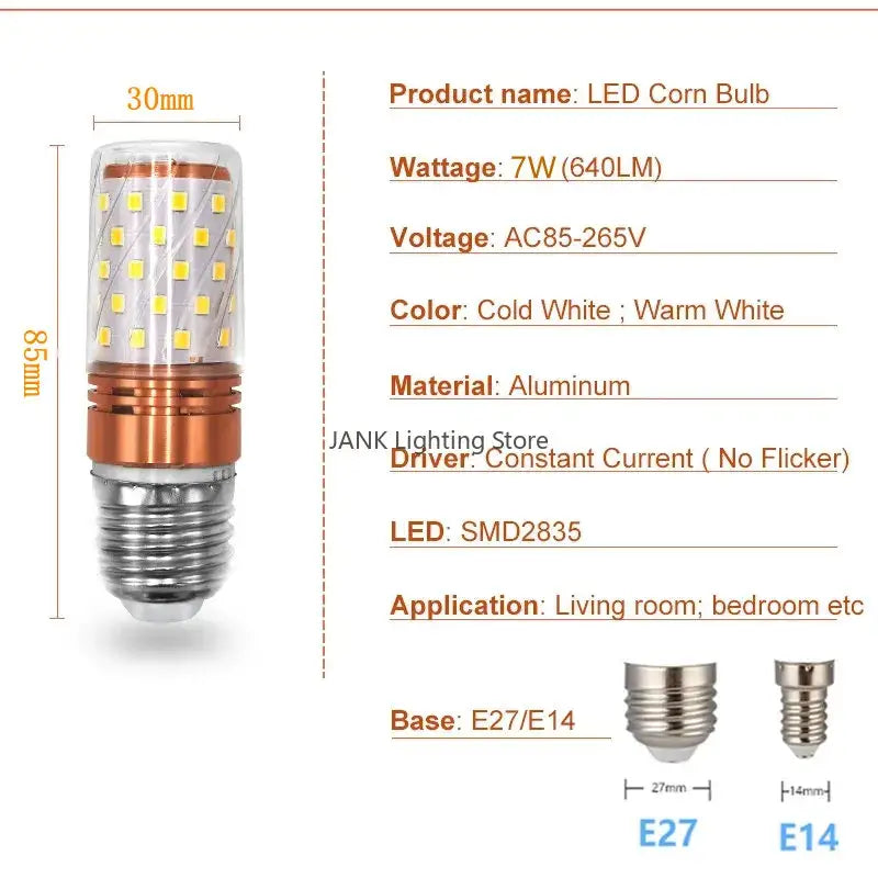7w aluminum e14 85-265v bulbs warm & cold white dining room light