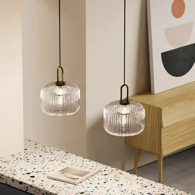 Modern ribbed led glass chandelier dining room brass pendant light