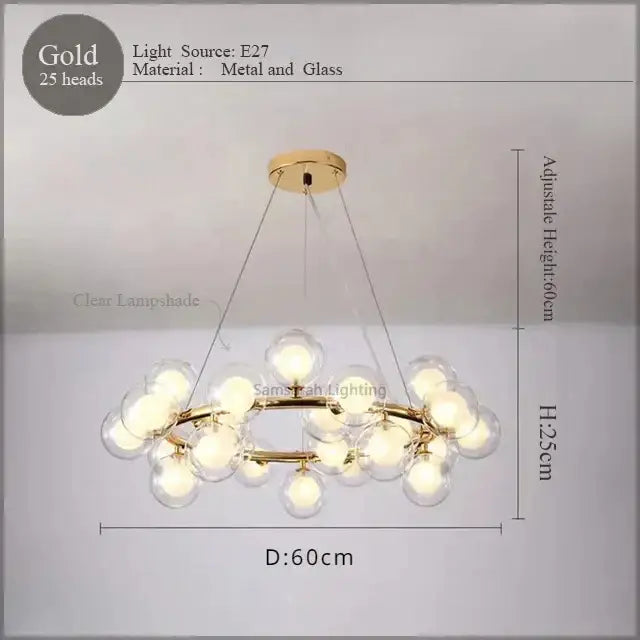 Modern gold led glass chandelier cluster pendant lamp dining room