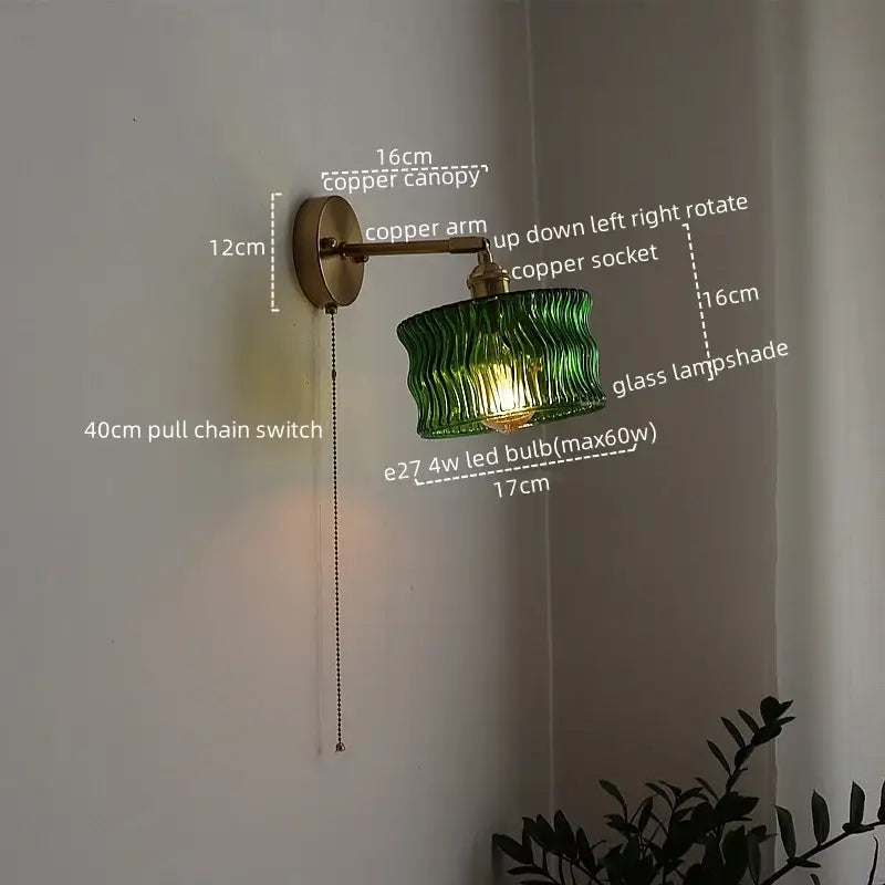 Green ribbed glass wall sconce with pull chain switch for bedroom