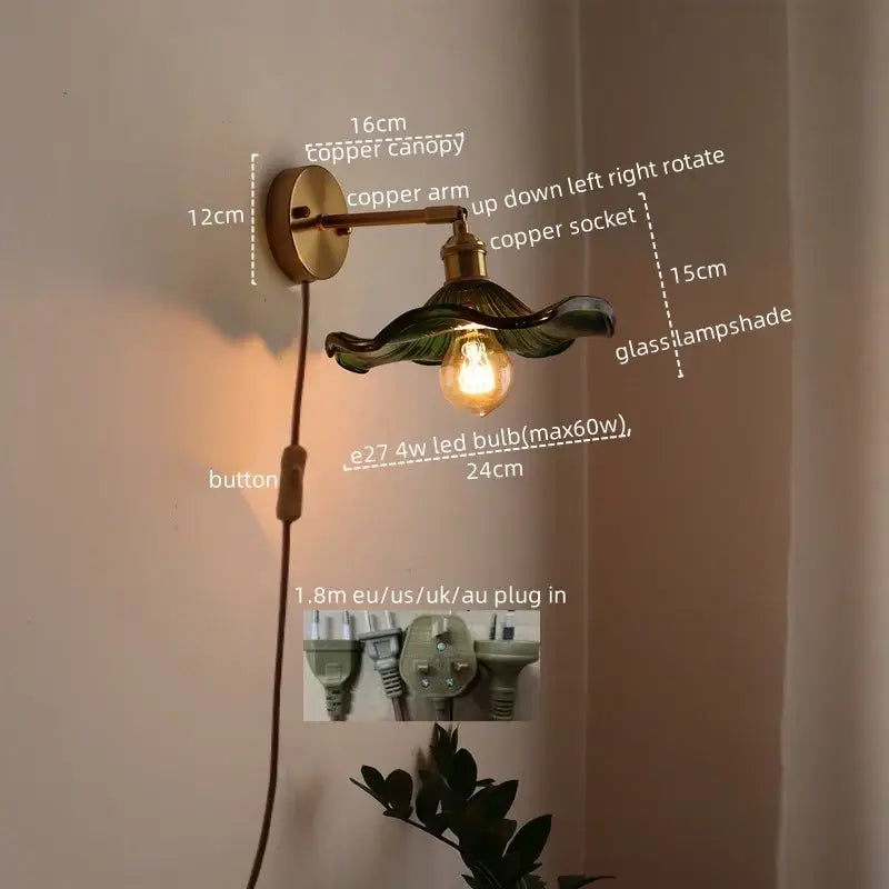 Green ribbed glass wall sconce with pull chain switch for bedroom