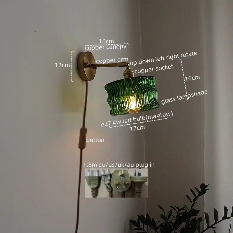 Green ribbed glass wall sconce with pull chain switch for bedroom
