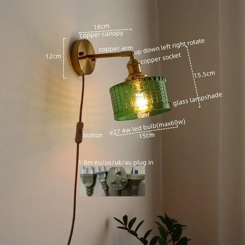 Green ribbed glass wall sconce with pull chain switch for bedroom