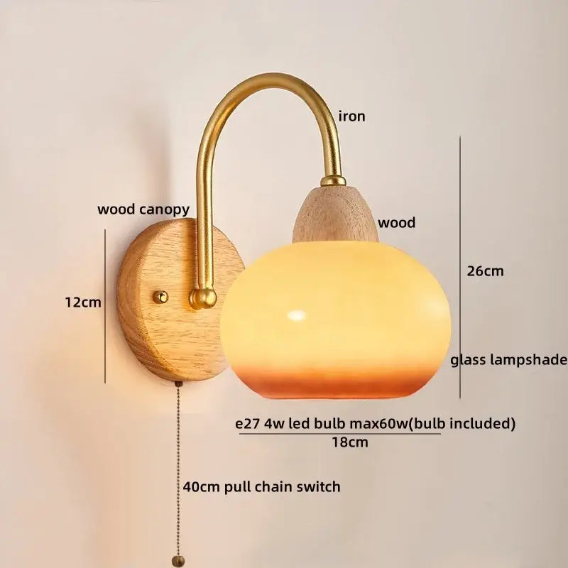 Modern brass and wood glass globe wall light fixture bedroom lamp