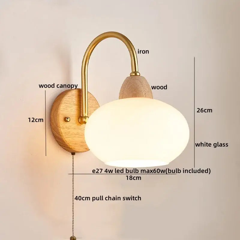 Modern brass and wood glass globe wall light fixture bedroom lamp