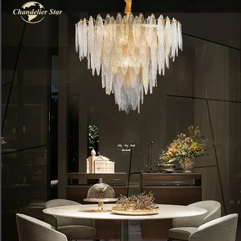 Postmodern blue & white led glass metal leaf chandelier living room