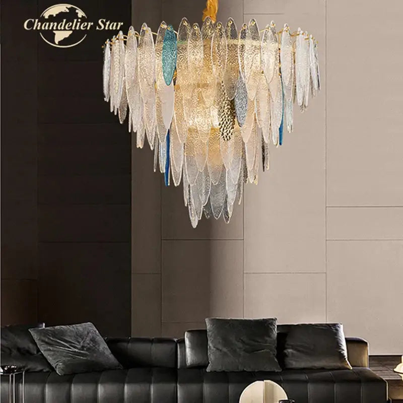 Postmodern blue & white led glass metal leaf chandelier living room