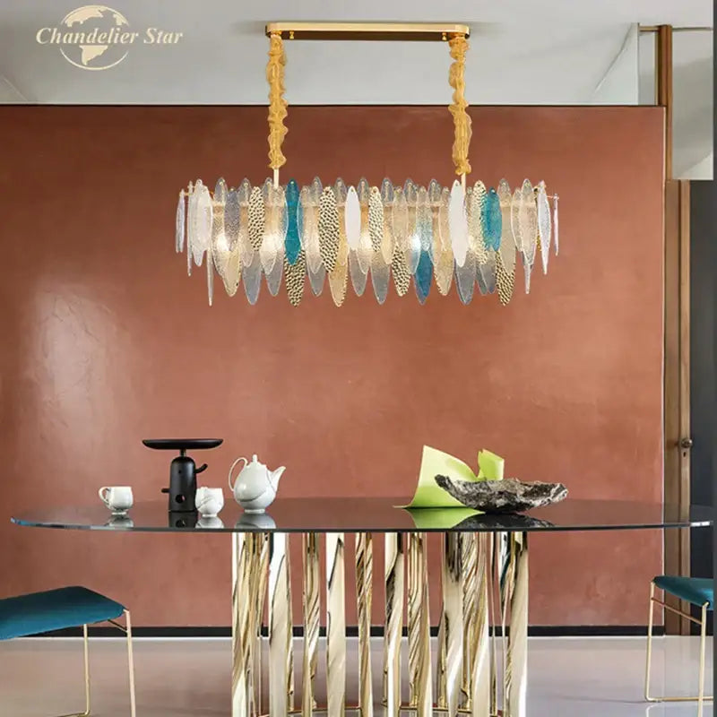 Postmodern blue & white led glass metal leaf chandelier living room