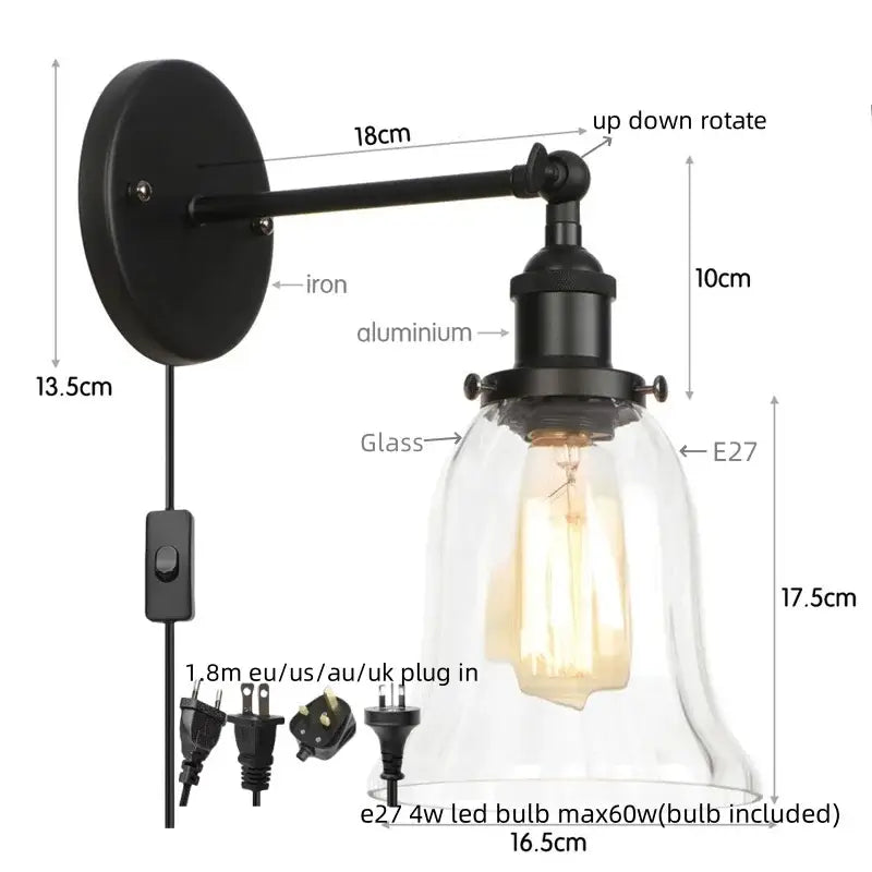 Industrial brass led glass wall lamp for stairway home decor
