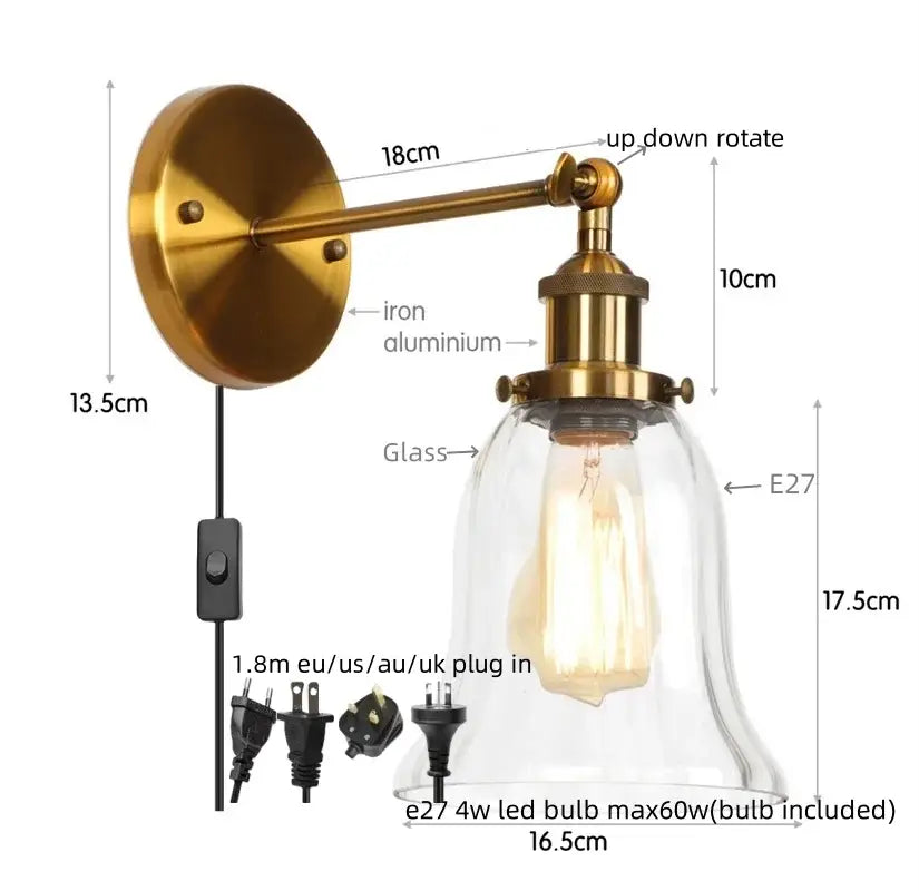 Industrial brass led glass wall lamp for stairway home decor