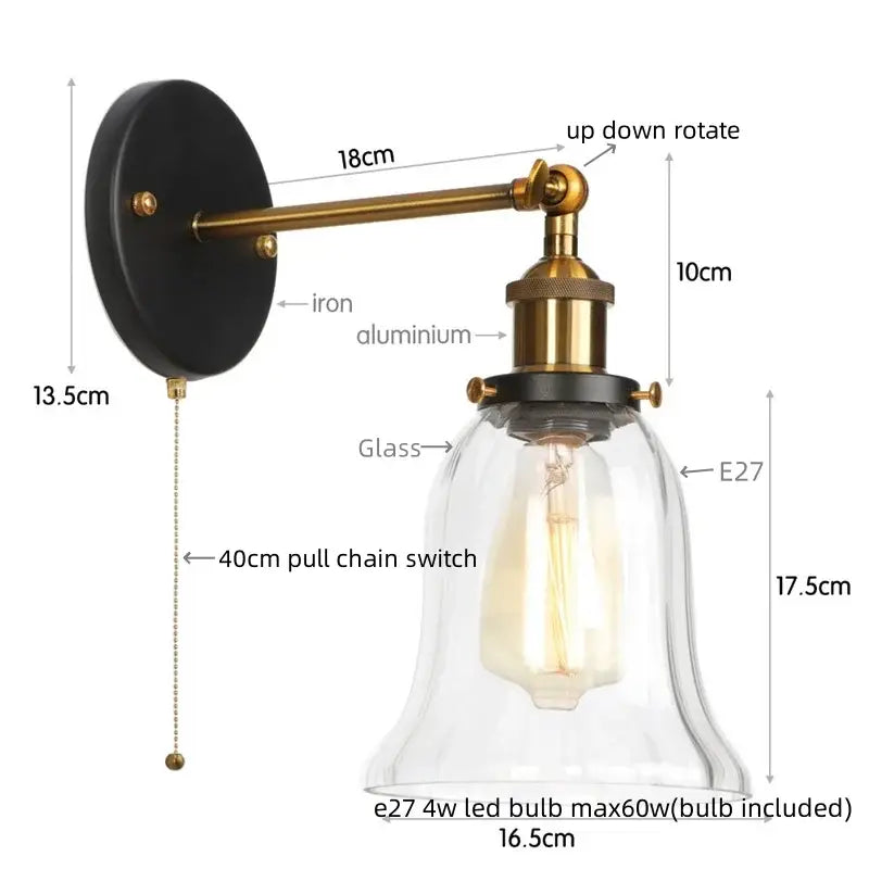 Industrial brass led glass wall lamp for stairway home decor