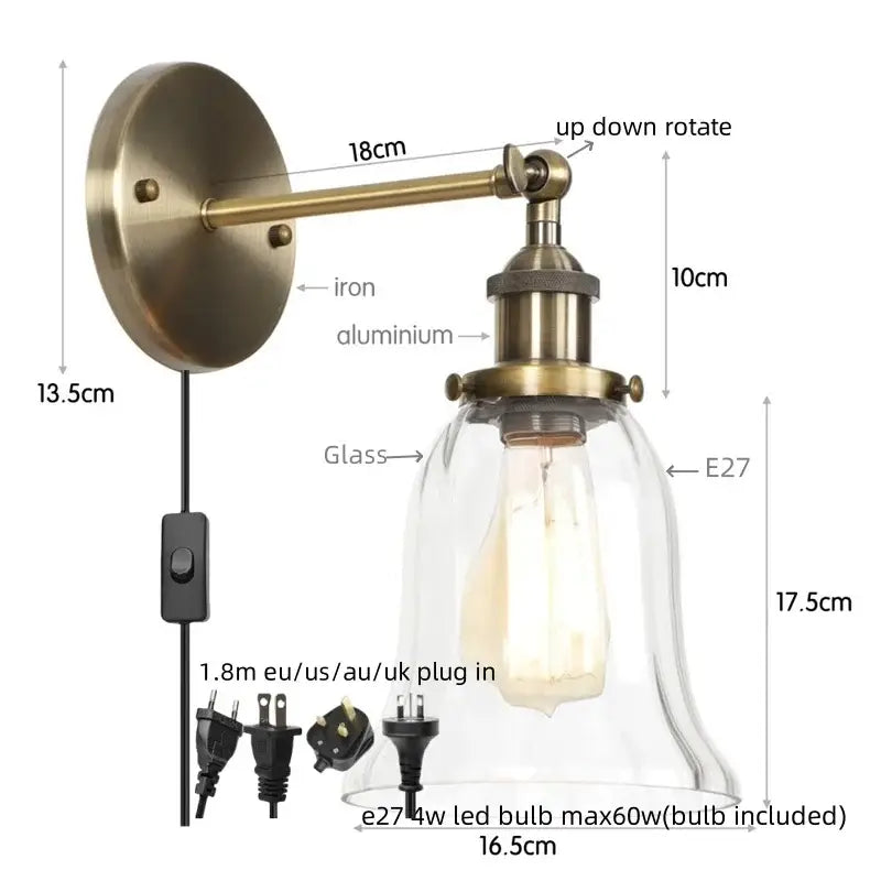 Industrial brass led glass wall lamp for stairway home decor