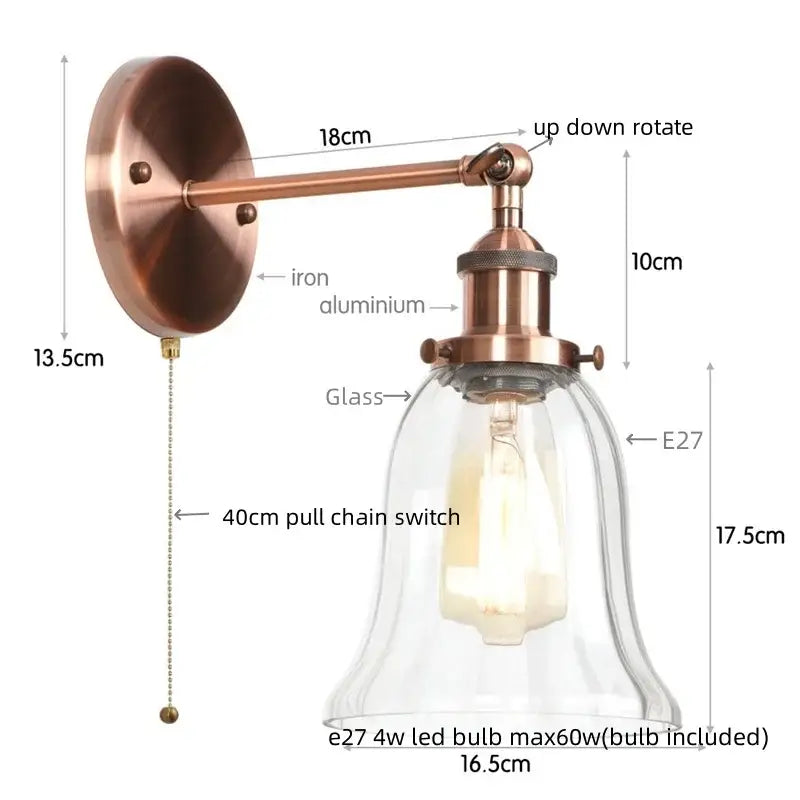 Industrial brass led glass wall lamp for stairway home decor