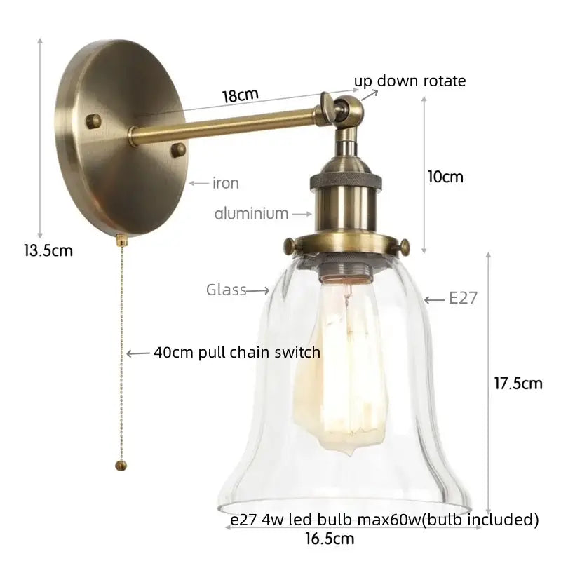 Industrial brass led glass wall lamp for stairway home decor