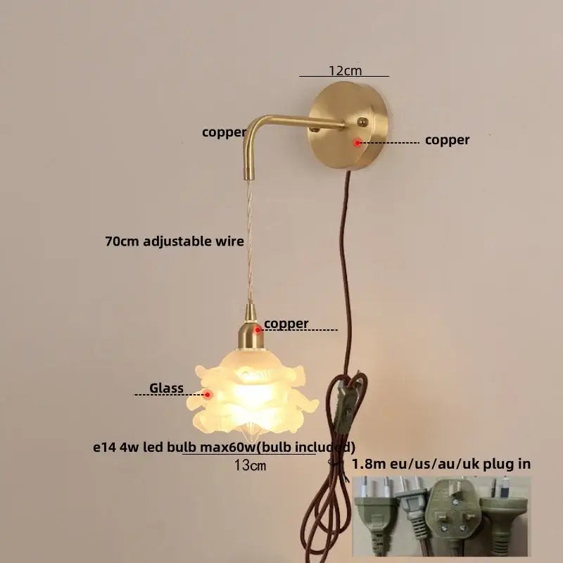 Modern gold led glass wall lamp flower sconce bedroom light