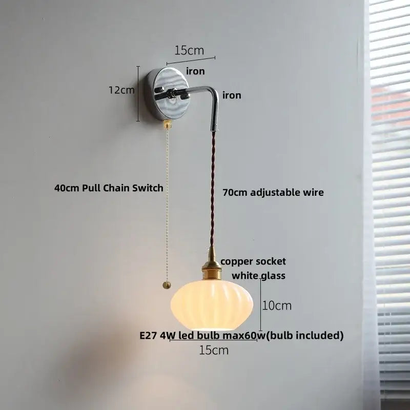 Vintage brushed brass glass wall light bedroom ribbed shade