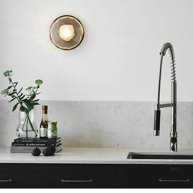 Modern minimalist brass & black led glass wall sconce living room