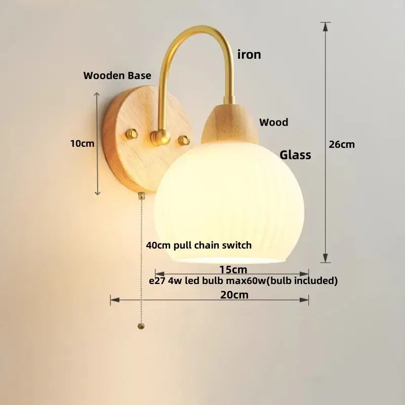 Modern gold glass wall sconce with pull chain switch bedroom light