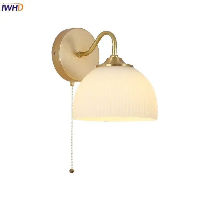 Modern gold glass wall sconce with pull chain switch bedroom light
