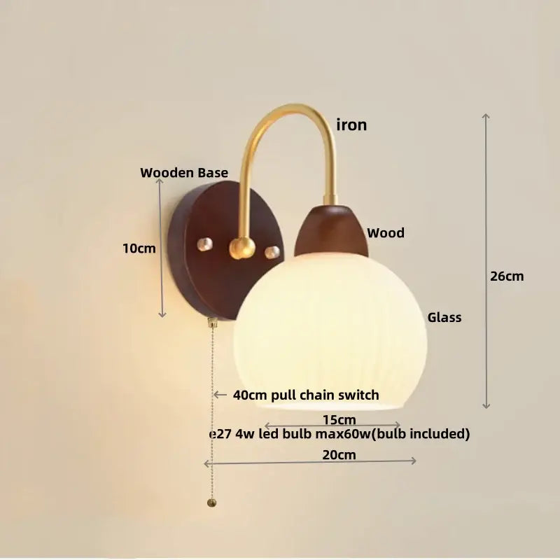 Modern gold glass wall sconce with pull chain switch bedroom light