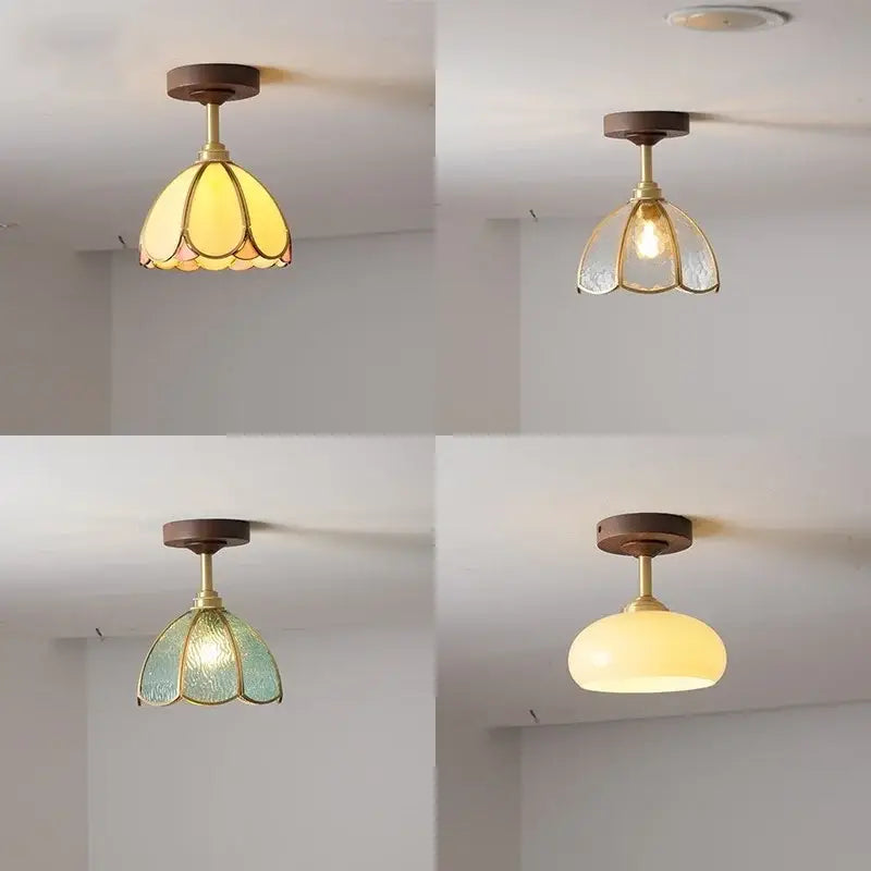 Flower shaped led glass wood ceiling lamp bedroom brass light
