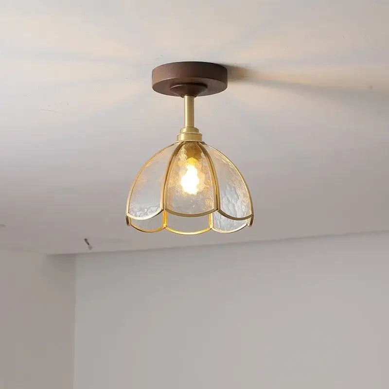Flower shaped led glass wood ceiling lamp bedroom brass light