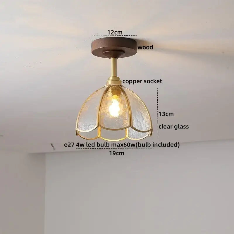 Flower shaped led glass wood ceiling lamp bedroom brass light