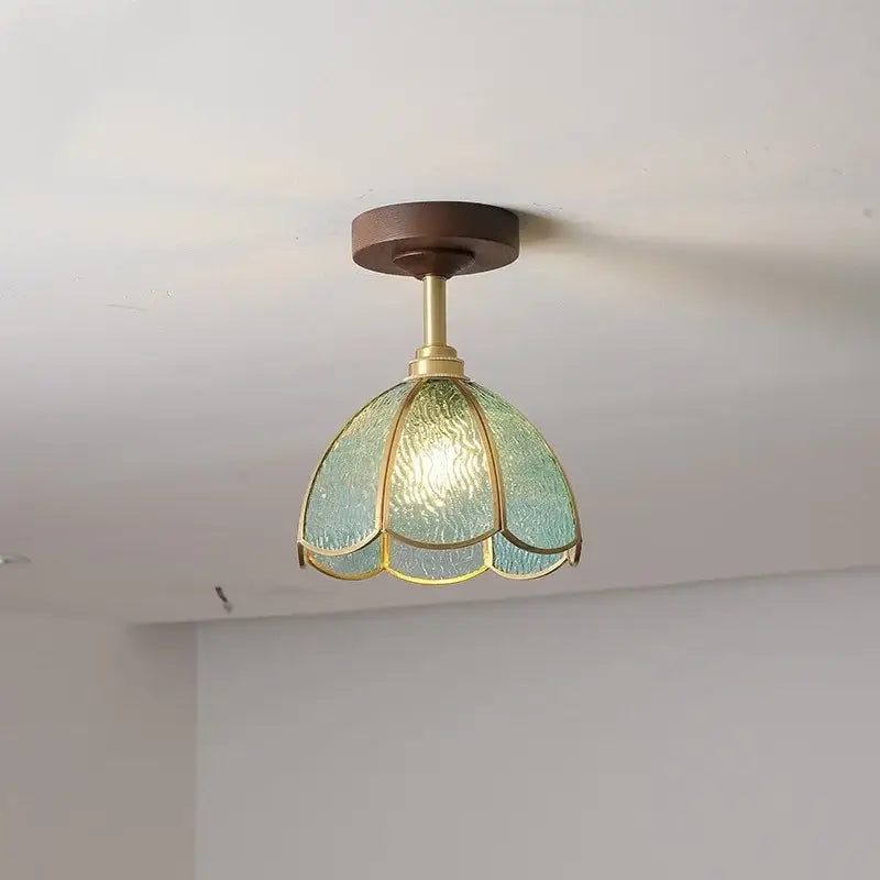 Flower shaped led glass wood ceiling lamp bedroom brass light