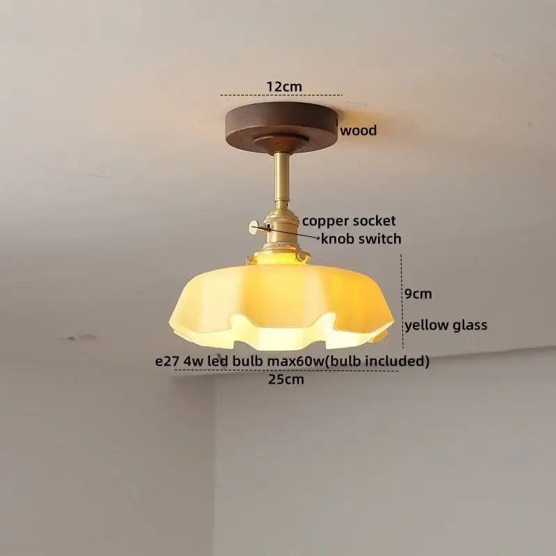 Flower shaped led glass wood ceiling lamp bedroom brass light