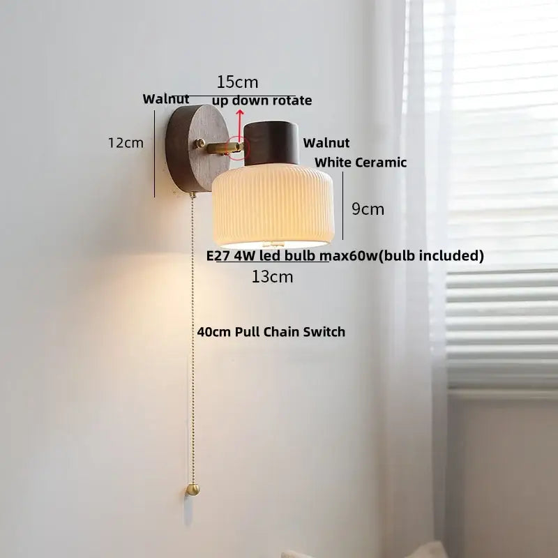 Rustic wood and brass led glass wall lamp bedroom sconce