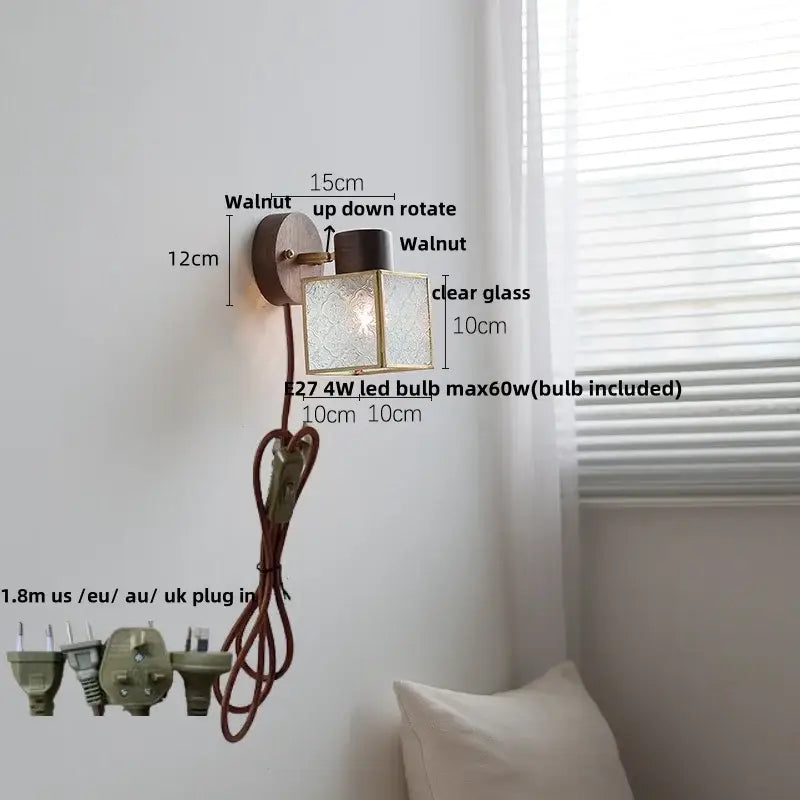 Rustic wood and brass led glass wall lamp bedroom sconce