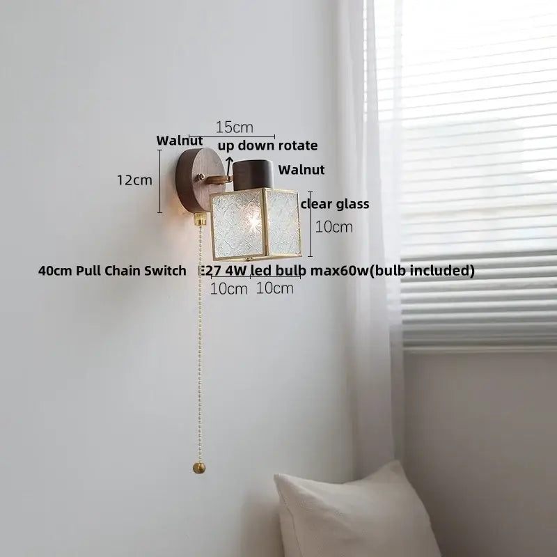 Rustic wood and brass led glass wall lamp bedroom sconce