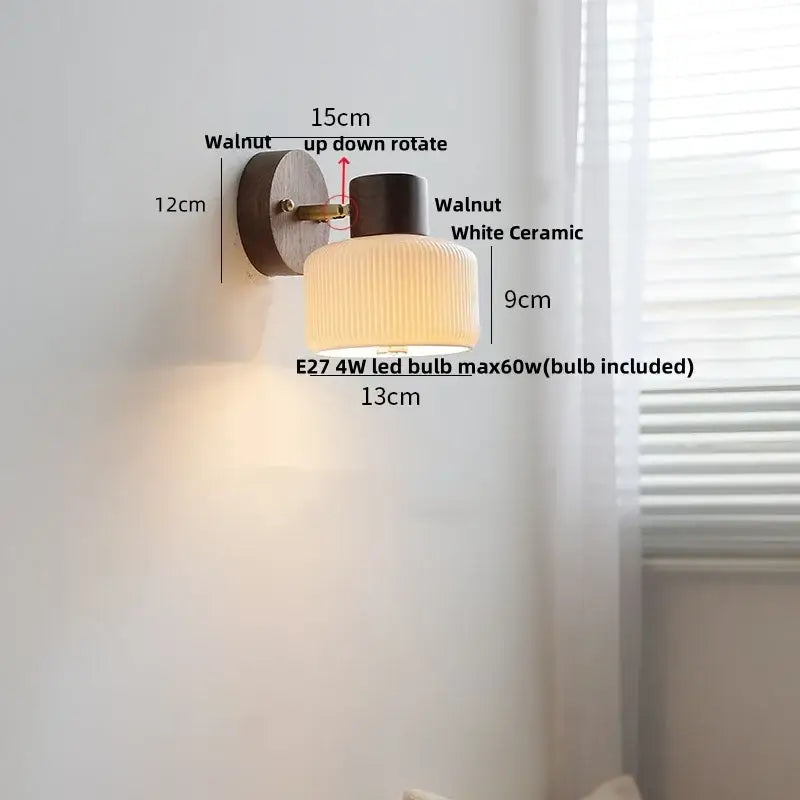 Rustic wood and brass led glass wall lamp bedroom sconce