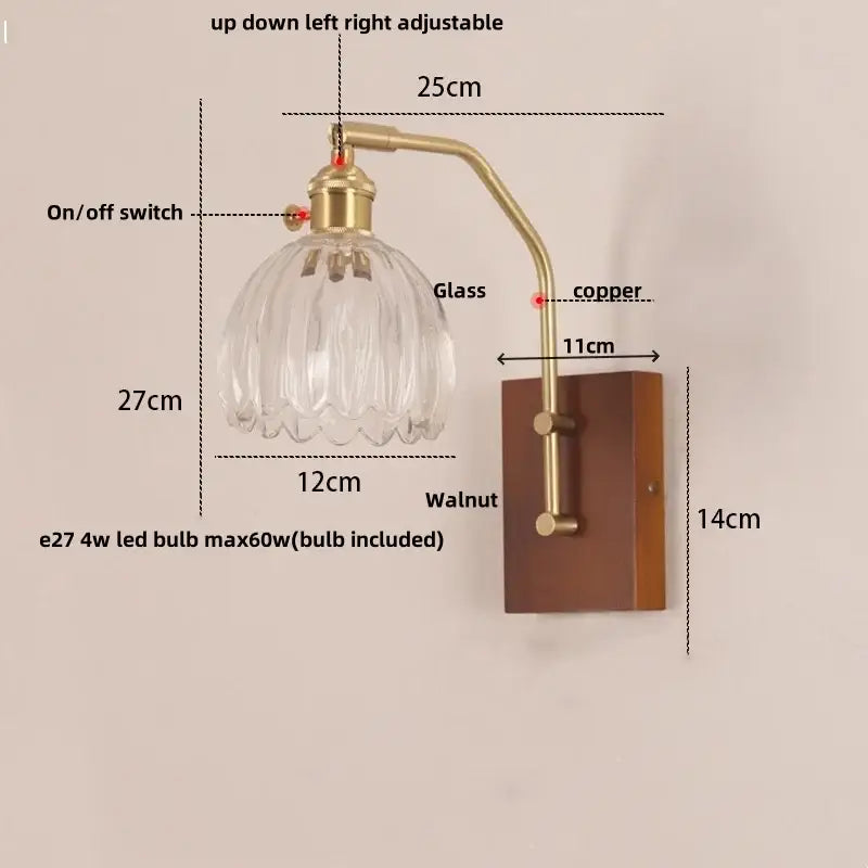 Mid century amber glass and wood wall lamp bedroom pull chain switch