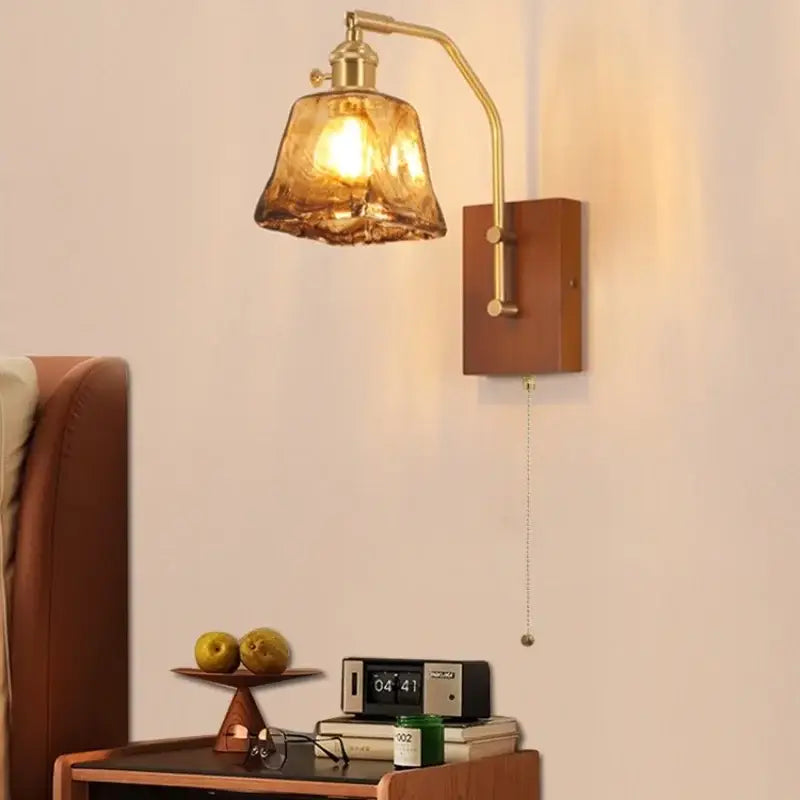 Mid century amber glass and wood wall lamp bedroom pull chain switch