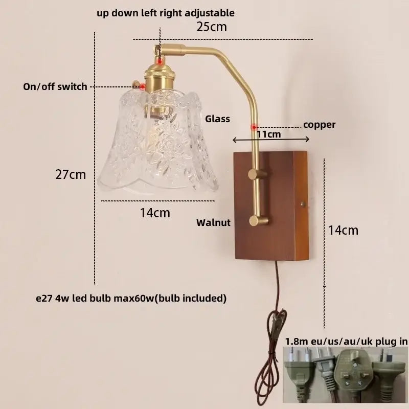 Amber glass and wood wall lamp bedroom brass finish led light