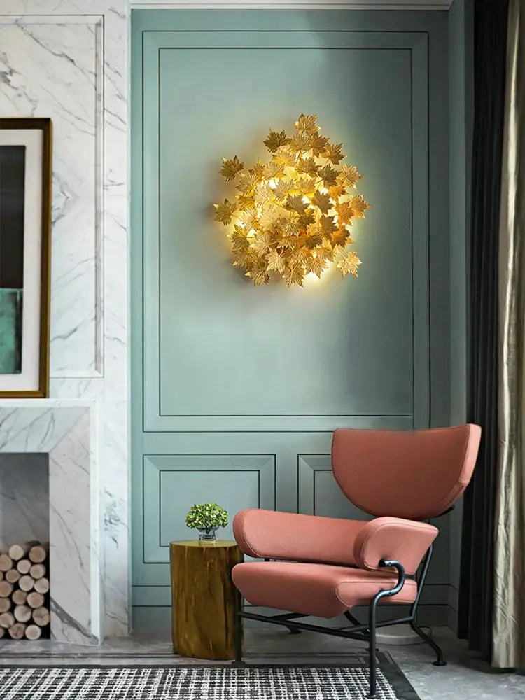 Golden maple leaves led wall sconce bedroom metallic art sculpture