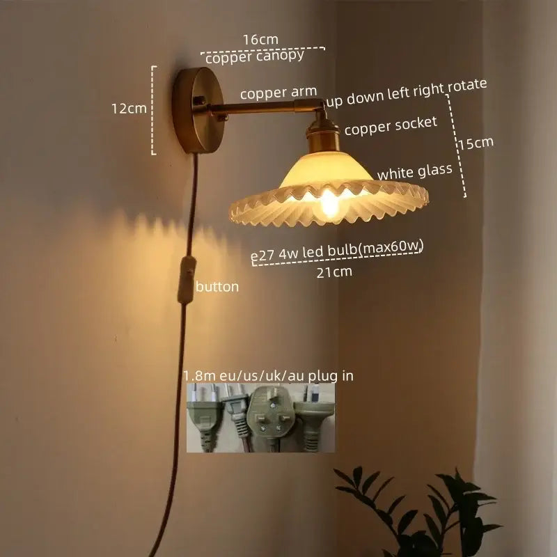 Japanese style led green glass wall light for bedroom brass sconce
