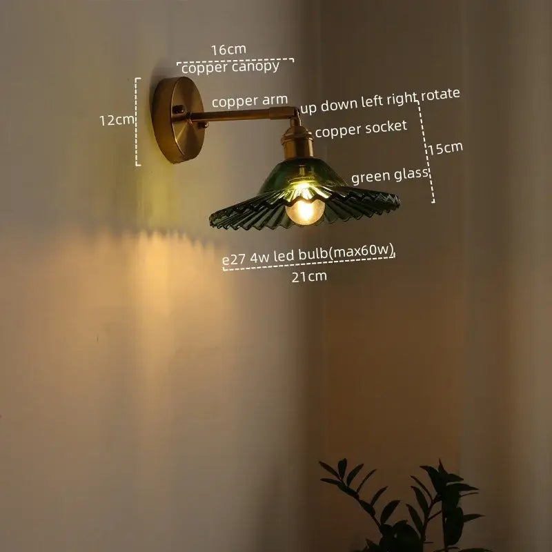 Japanese style led green glass wall light for bedroom brass sconce