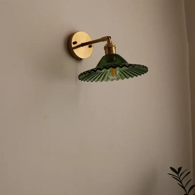 Japanese style led green glass wall light for bedroom brass sconce