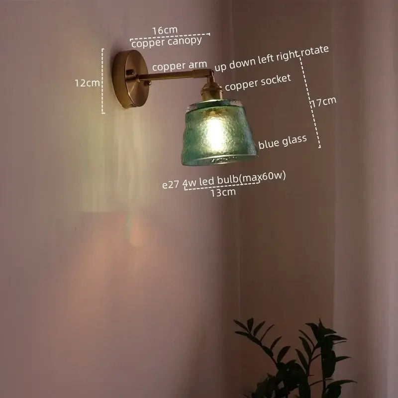 Japanese style led green glass wall light for bedroom brass sconce