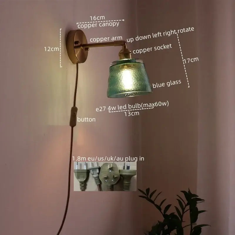 Japanese style led green glass wall light for bedroom brass sconce