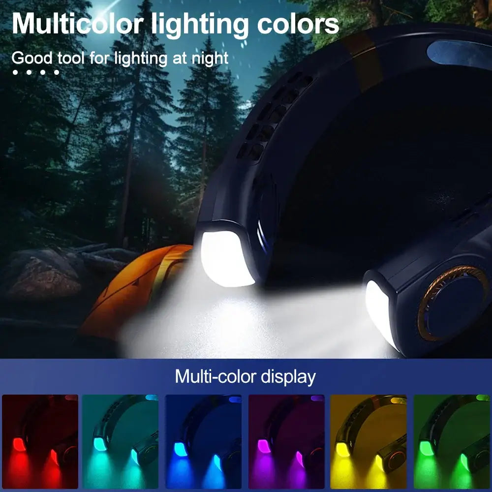 Modern blue & white neck cooling fan with colorful atmosphere lights